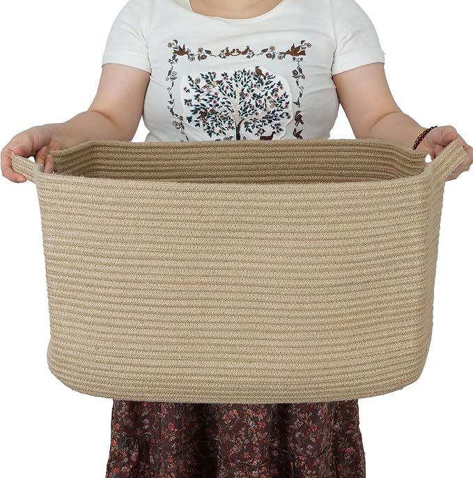 XUANGUO Large Rectangle Woven Jute Rope Storage Basket 22"x17"x12" | Storage basket for living room and nursery; blanket basket, dog toy storage, or laundry basket for clothes and towels.