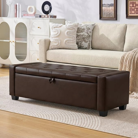 Huatean Home 48" Ottoman with Storage, Dark Brown Storage Ottoman Bench | Upholstered Entryway Bench with Seating for Bedroom, Living Room, with Safety Hinge, Holds up to 330 lb