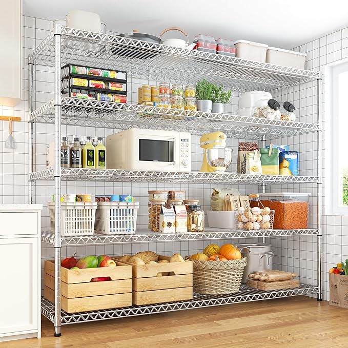 REIBII 55.5" W Storage Shelves 3200LBS Metal Shelving 5 Tier Wire Shelving Garage Shelving Heavy Duty Metal Shelves for Shelving Unit Commercial Adjustable Shelf, 55.5" W X 18''D X 71" H，Chrome