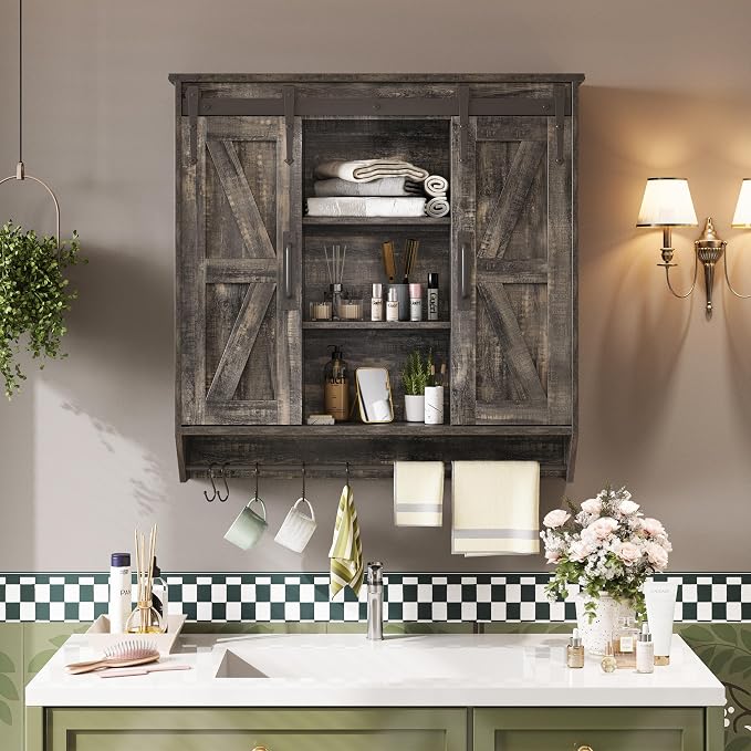 Trironsun Farmhouse Medicine Cabinet 2 Sliding Barn Doors 3 Tier Rustic Wood Wall Storage Cabinet Adjustable Shelf Towel Bar Wall Mounted Bathroom Wall Cabinet