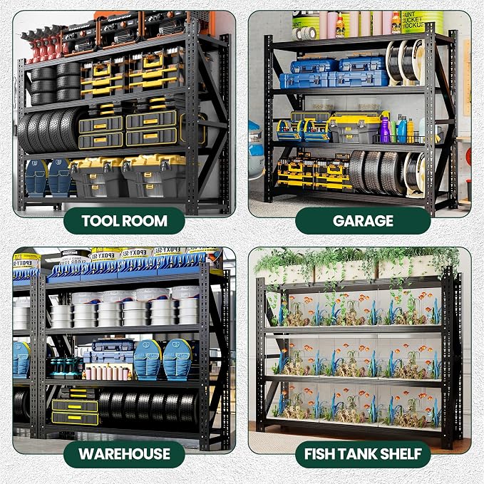 Heavy Duty Garage Storage Shelves 9000LBS Capacity, 75" Wide Metal Shelving Unit, 4-Tier Adjustable Industrial Rack for Warehouse Basement Shop, 75" W x 24" D x 69" H