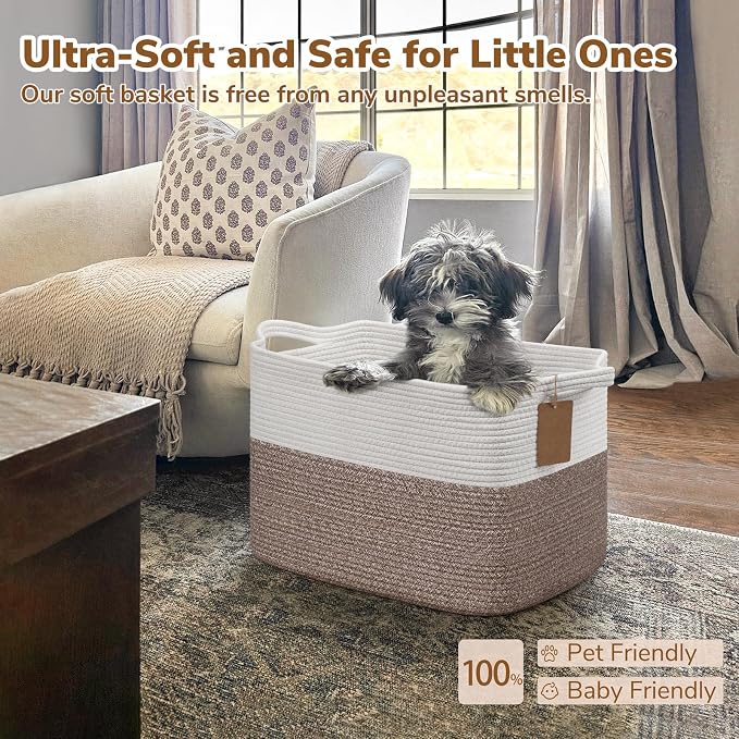 Goodpick Large Rectangle Cotton Rope Storage Basket, Brown | 50L, 18 × 14 × 12 in, Reinforced Handles, Blankets, Toys & Clothes Storage, Living Room, Bedroom & Nursery Organization