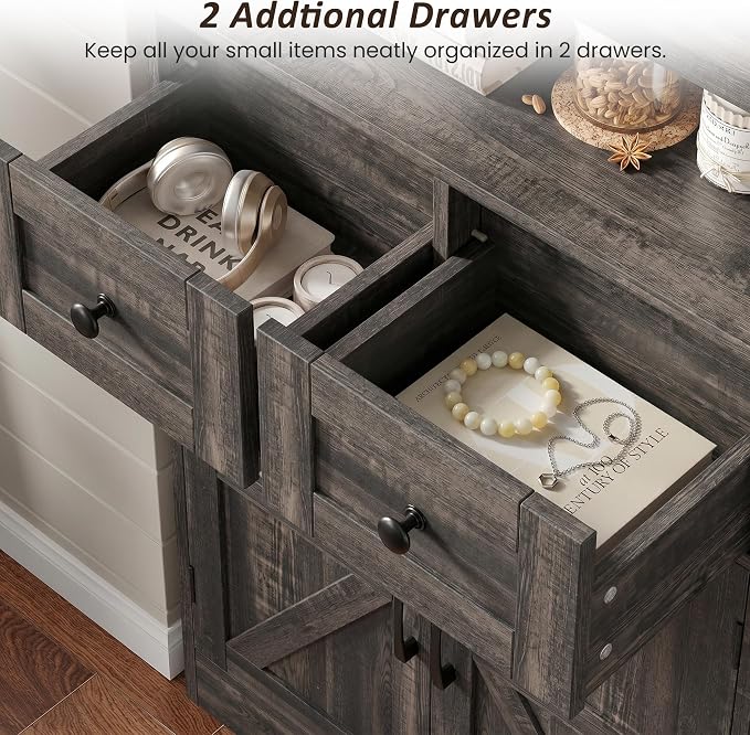 Farmhouse Storage Cabinet Set of 2, Small Kitchen Pantry Coffee Bar Cabinet | Accent Buffet Cabinet Cupboard, 2 Drawers, Barn Doors & Adjustable Shelves, for Kitchen/Entryway/Bathroom, Dark Wood
