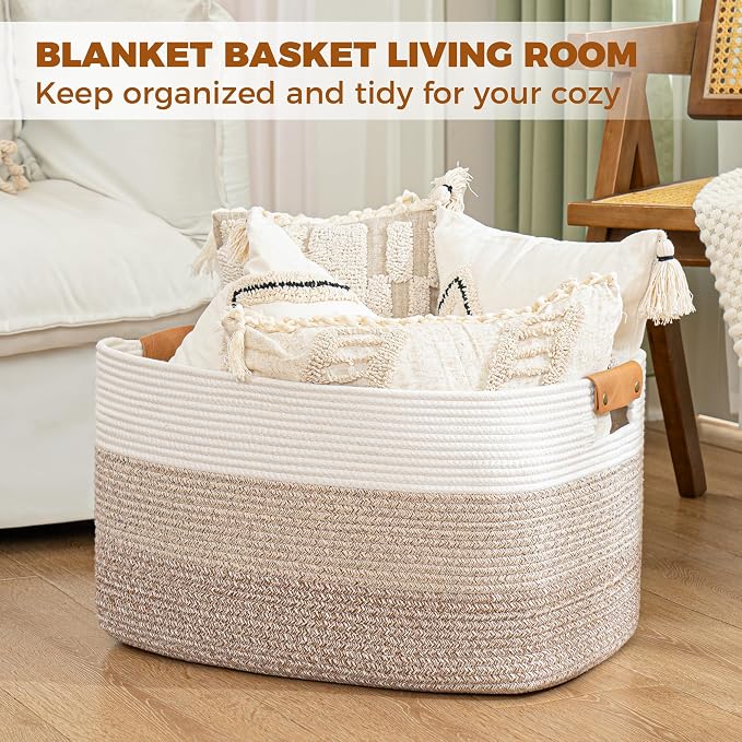 danpinera 108L Large Blanket Basket for Living Room, Woven Storage Basket with Leather Handles, Cotton Rope Storage Organization in Nursery for Toys & Clothes 25 ''* 16 ''*16 '', Gradient Brown