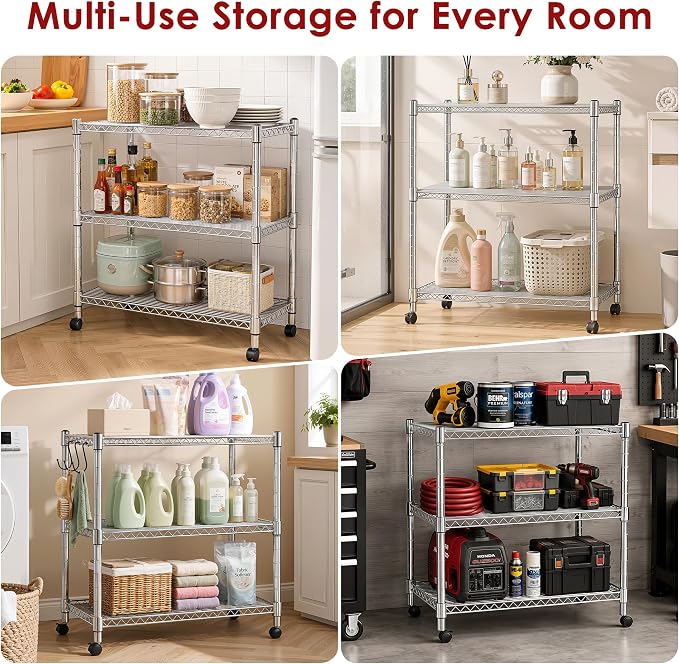 Heavy Duty 3-Shelf Shelving Unit, 24.02" W x 13.78" D x 21.97" H Chrome Steel Storage Rack with Wheels, 2 PP Shelf Liners and Hooks, Adjustable Under Desk Organizer for Kitchen, Office, Garage