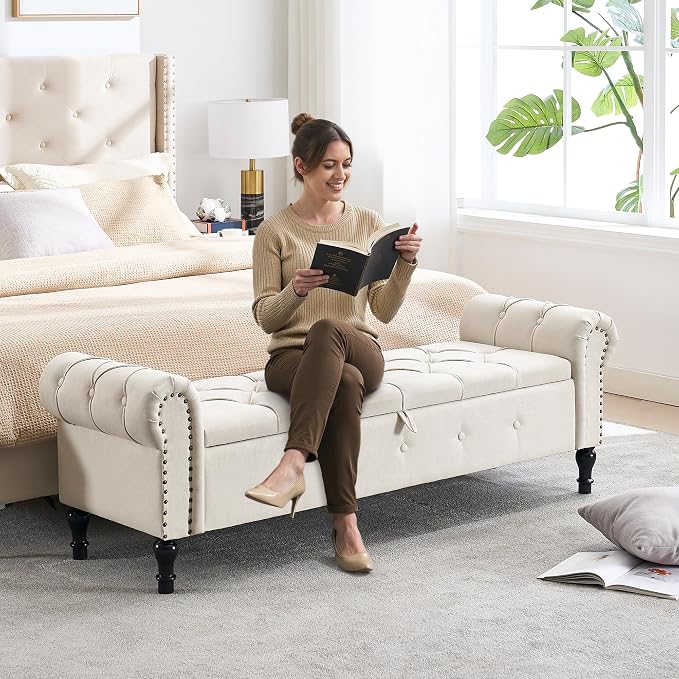 Storage Bench 67" Linen End of Bed Benches Beige | King Size Storage Bench for Bedroom with Rolled Arms Tufted Ottoman Benches Upholstered Bench for Living Room Entryway