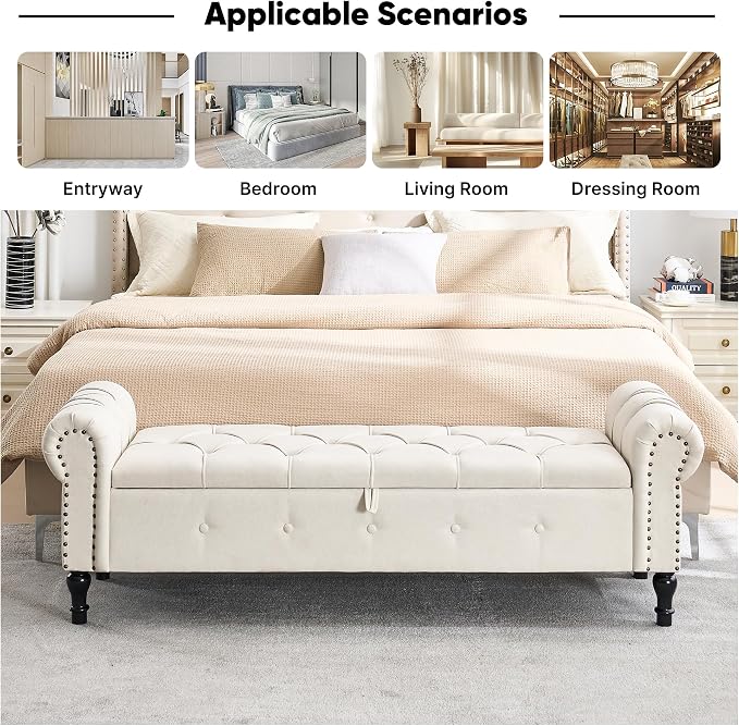 Storage Bench 67" Linen End of Bed Benches Beige | King Size Storage Bench for Bedroom with Rolled Arms Tufted Ottoman Benches Upholstered Bench for Living Room Entryway