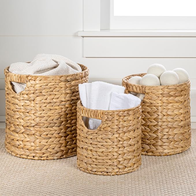 happimess Avery 3-Piece Cylinder Nesting Baskets 13", Natural | Hyacinth, Bohemian Cottage Style, Handwoven Wicker, Iron Metal Frame, Decorative Storage For Toys And Books, Built In Handles