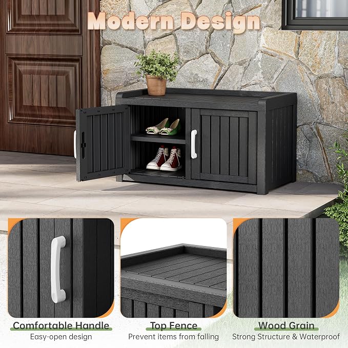 Outdoor Shoe Storage Cabinet, Waterproof UV-Resistant Entryway Storage Bench Indoor Outdoor with 2 Barn Doors, Adjustable Shelves for Entryway, Bedroom, Hallway,Living Room(Jet Black)