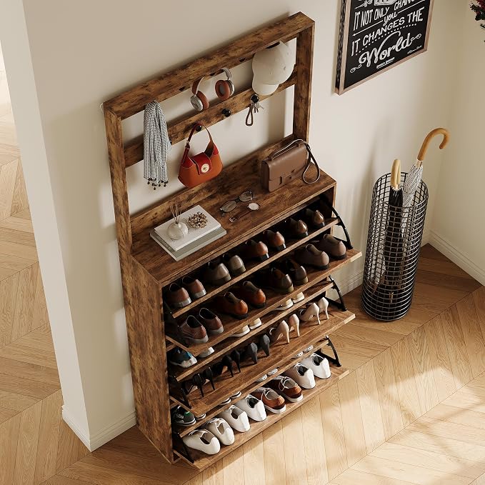HOPUBUY Shoe Cabinet for Entryway, Narrow Shoe Storage with 3 Flip Drawers | Wood Slim Shoe Rack, 3 Tier Thin Shoe Organizer for Home and Apartment,Rustic Brown