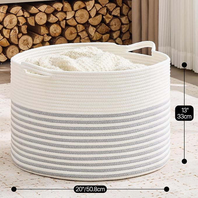 KAKAMAY Large Blanket Basket with Handles, Storage Basket for Living Room | Extra Large Capacity | Natural Cotton Rope | Blanket Storage | Woven Storage Basket | Stuffed Animal Storage | Laundry Basket