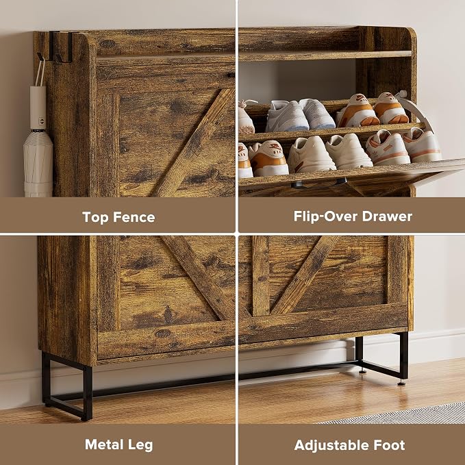 EOYUTLLY Shoe Cabinet for Entryway with 2 Flip Drawers,Narrow Wooden Shoe Storage Cabinet with Metal Legs,Hold 24 Pairs, 4-Tier Adjustable Shelves–Freestanding Hidden Shoe Organizer for Hallway, Foyer