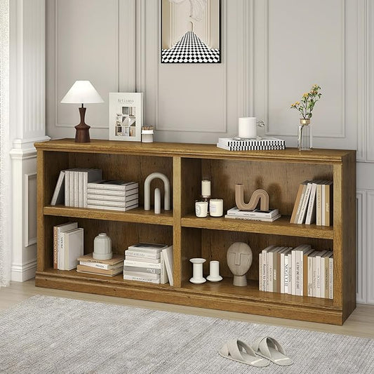 64" W Double Wide Open Shelf Bookcase, 2 Tiers 4 Storage Cube Book Case | Horizontal Bookshelf, Display Cabinet Organizer Indoor Furniture, Home Library Office, Vintage Oak Adjustable Shelf