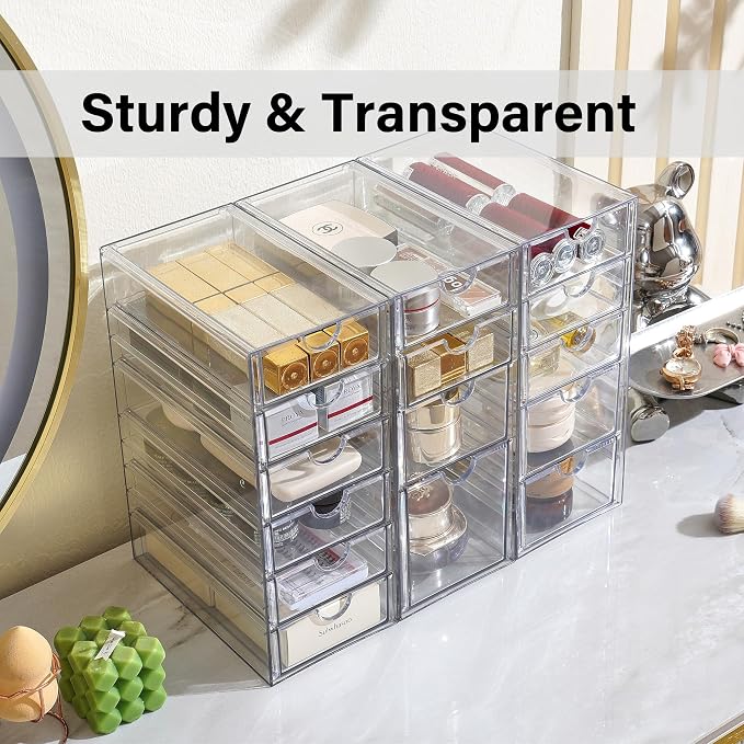 Prsildan 15 Drawers Teacher Toolbox Acrylic Containers, Set of 3 | Clear, Pens Markers Stickers Hardware Storage, Office Desk Kitchen Cabinet Garage Organizer