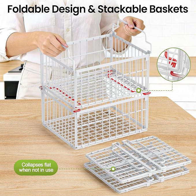 Freezer Organizer Bins, 3 Pack Enlarged Baskets for 5-9 Cu.FT Deep Freezer | Stackable Chest Freezer Organizer Bins, Foldable with Handles, White Storage Container Baskets for Sort Frozen Meats