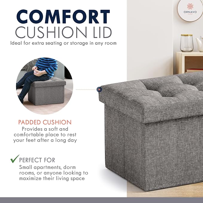 Ornavo Home Small Rectangle Storage Ottoman, Linen, 12x16x12, Dark Gray | Collapsible Cube Design; Foot Rest Stool Seat; Ideal for Living Room, Bedroom, Home Office or Dorm