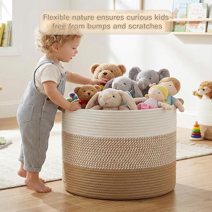 Artfeel 40L Large Cotton Rope Basket, Decorative Woven Blanket Storage for Living Room, Boho Toy Storage & Toy Box for Kids, Versatile Laundry Basket & Nursery Hamper for Blankets(Brown)