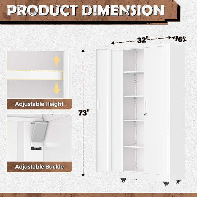 INTERGREAT Metal Garage Storage Cabinet with Wheels, Rolling Storage Cabinet with Locking Doors and 4 Adjustable Shelves,- 73" Steel Tool Cabinet for Home Office,Garage,Warehouse，White