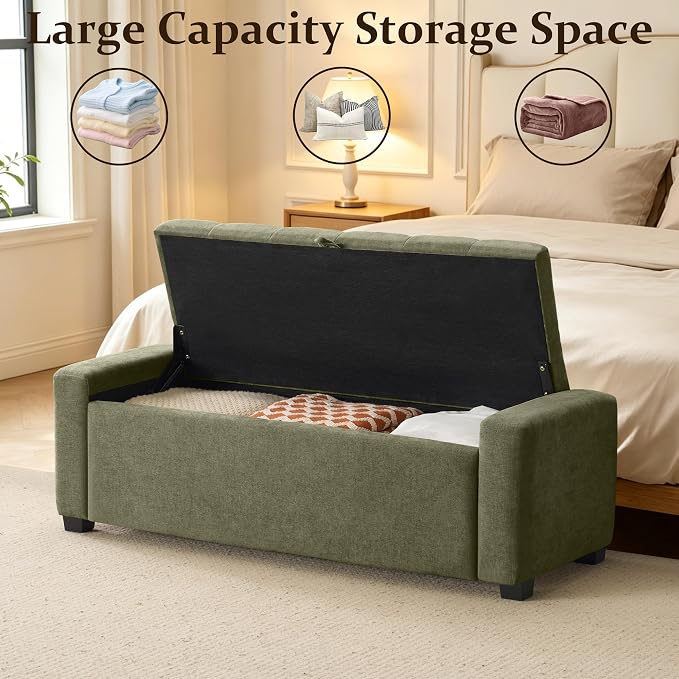 Royal Windsor 48" Ottoman with Storage,Tufted Storage Bench with Safety Hinge,Holds up to 350 lb,Upholstered Bench with Seating for Bedroom,Living Room,Entryway,Linen Green