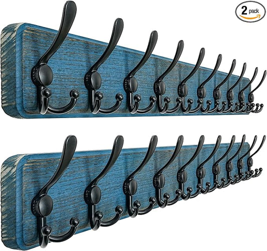 Coat Rack Wall - Heavy-duty 38-1/4" Long, with Reinforced 10 Custom Tri-Hooks, Solid Wood Wall Hanger for Coats Hat Jackets - Rustic Farmhouse Entryway Storage, Weathered Blue & Black, Pack of 2