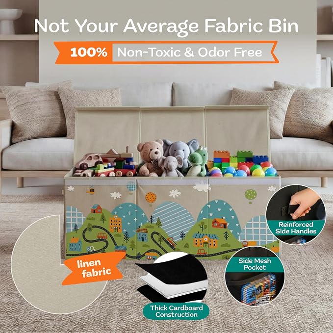 SoftOwl Extra Large Toy Storage Organizer with Lid - Sturdy, Collapsible Toy Chest Storage Box with Cute Design - Toys Bin with Dividers for Kids, Boys, Girls, Nursery, Bedroom, Play room 37"x16"x14"