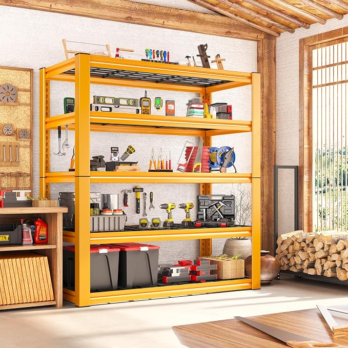 REIBII Garage Shelving 3200LBS Load Heavy Duty Storage Shelves for Basement | 72" H x 36" W x 16" D, Adjustable Metal Shelf, Multi-Use Mesh Panel, 5-Tier Orange Utility Rack for Pantry, Warehouse, Office