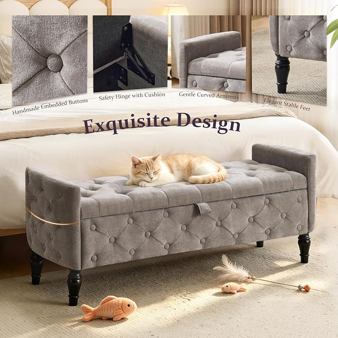 Royal Windsor 48" Ottoman with Storage,Tufted Storage Bench with Safety Hinge,Holds up to 350 lb,Black Wood Legs,Upholstered Bench with Arms for Bedroom,Living Room,Entryway,Linen Light Gray