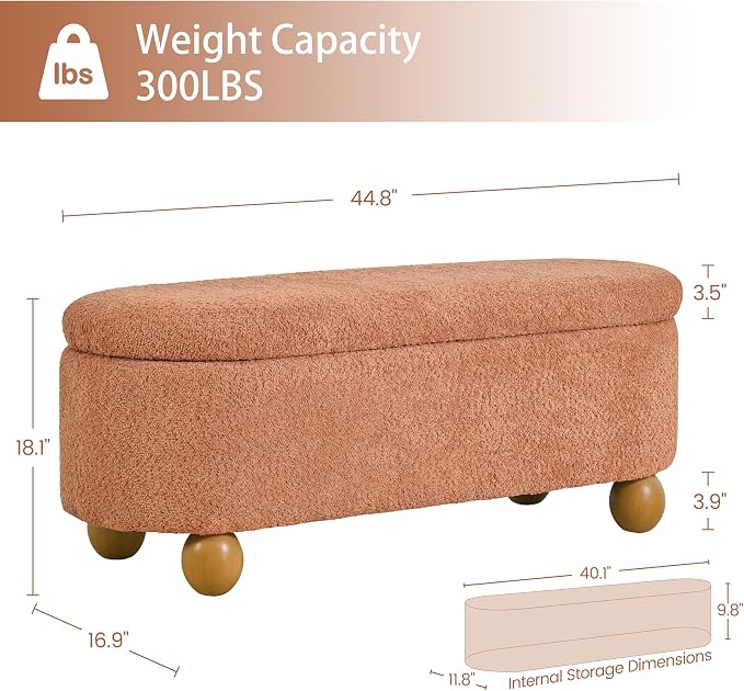 VKNOW 44.8" Storage Ottoman Bench End of Bed Bench with Hinge, Orange | Cute Spherical Solid Wood Stool Legs, Comfortable Fabric, No Assembly, Bedroom Living Room Entryway Dressing Areas