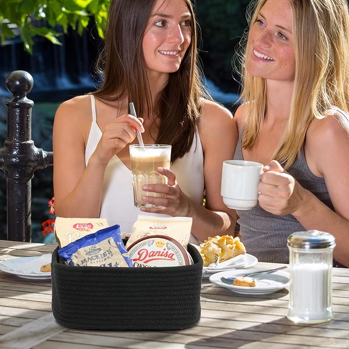 XUANGUO Small Woven Storage Baskets for Shelves, 12" x 8" x 5", Black | Decorative rope storage bins for closets and toy storage; cute organizer baskets, empty gift baskets and nursery storage.