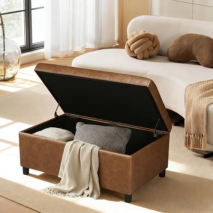 Joveco Rectangular Lift Top Storage Ottoman Bench, Faux Leather Storage Bench for Living Room Entryway Bedroom, Ochre Yellow
