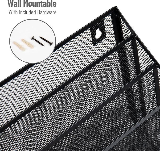 Mind Reader Vertical File Storage, Desktop Organizer, Wall Mount, Office, Metal Mesh, Black