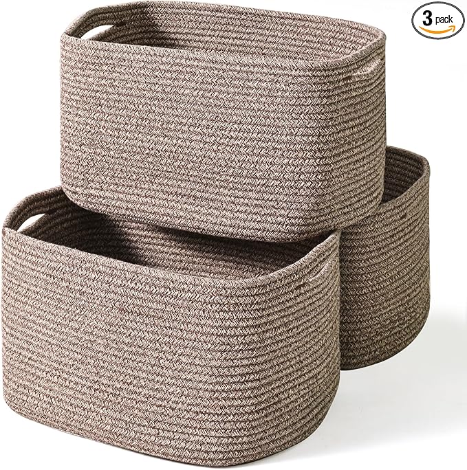 ICERZCZ Storage Baskets for Organizing Shelves, Woven Cotton Rope Bins for Baby Nursery Organization, Book Toy Towel Organizer, 15"x11"x9.5", 3 Packs, Dark Brown