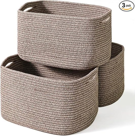 ICERZCZ Storage Baskets for Organizing Shelves, Woven Cotton Rope Bins for Baby Nursery Organization, Book Toy Towel Organizer, 15"x11"x9.5", 3 Packs, Dark Brown