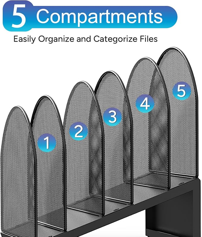 gianotter Desktop File Organizer, Desk Organizer with 5 Compartments, Paper Organizer for Desk, Workspace Organizers for Office Supplies (Black, Inclined Style)