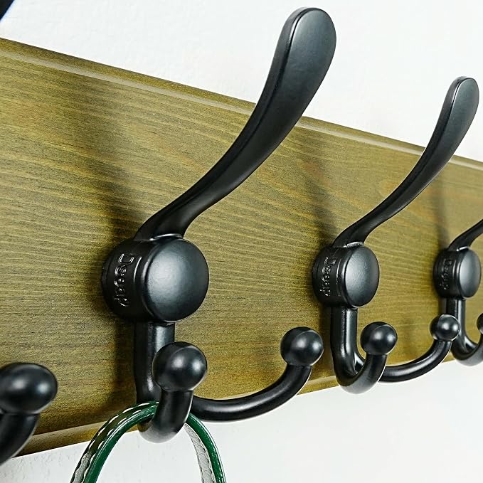 Wall Mount Coat Hanger - Heavy-Duty Robust Barnwood-Style Wooden Hook Rail with 5 Triple Hooks for Winter Coats, Hats, Jackets, Weathered Green & Black