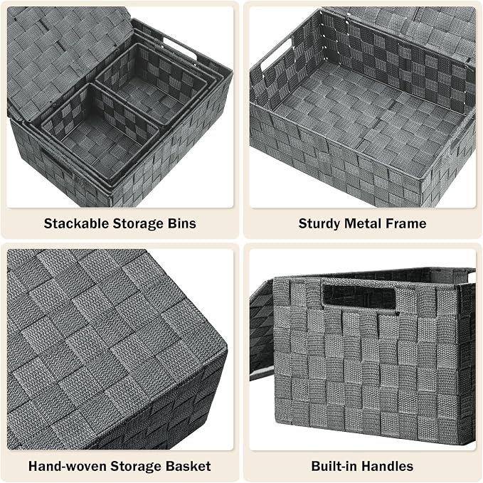 Storage Baskets with Lids: 5 Pack Stackable Woven Storage Bins, Grey | Decorative Woven Baskets for Organizing with Built-In Handles for Shelves, Closets, Cabinets and Cubbies, Gift Small Basket