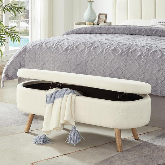 42.25" Ottoman with Storage, Storage Ottoman Bench with Safety Hinge, Boucle End of Bed Bench, Upholstered Entryway Bench for Bedroom, Living Room & Window, Holds up to 330 lb, Ivory