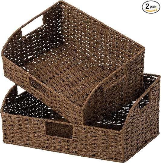 StorageWorks Pantry Baskets for Organizing, Paper Rope Storage Baskets for Shelves with Built-in Handles, Pantry Organizers and Storage, Brown, Set of 2 (Large and Medium)