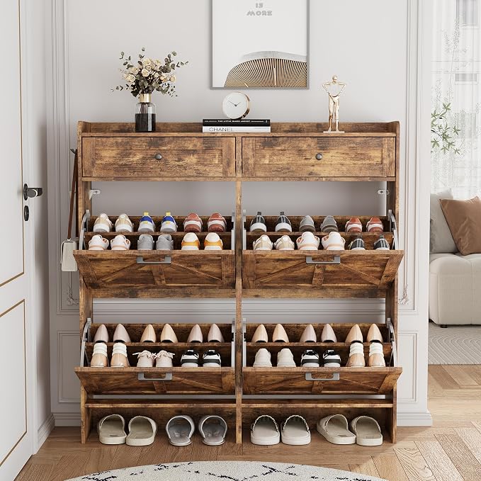 Shoe Cabinet with 4 Flip Drawers & 2 Top Drawers, 43" Tall Freestanding Narrow Wooden Shoe Storage Organizer for Entryway, Hidden Slim Shoe Rack for Front Door Entrance, Hallway, Living Room, Brown