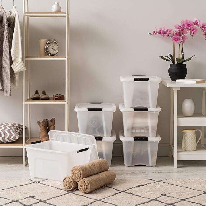 IRIS USA 6-Pack 32 Quart Storage Bins with Lids, Pearl | Conceals contents for a clean look. Great for linens, décor, closet storage, and supplies. Nestable design saves space