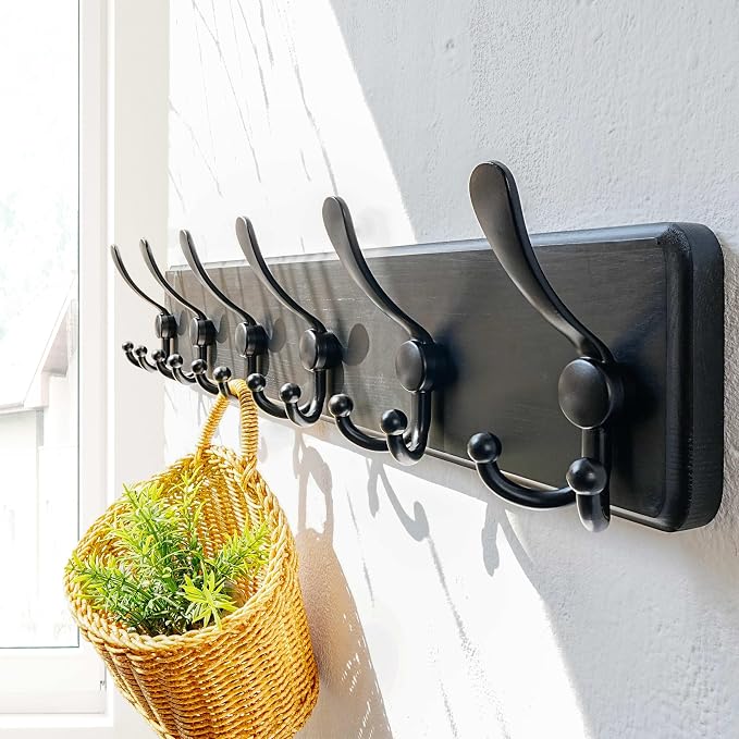 Coat Rack Wall Mounted - 24" Long 6 Tri Hooks, Heavy Duty Wooden Wall Coat Hanger Coat Hook for Clothes Hat Jacket Clothing, Black, Pack of 2