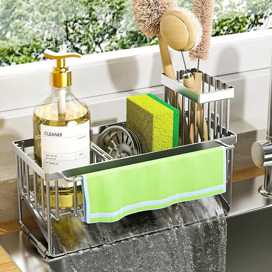 Cisily Kitchen Sink Caddy Organzier with High Brush Holder, Sponge Holder for Sink, 304 Rustproof Stainless, Kitchen Countertop Soap Dispenser Organizer (Silver With Towel Rack, 9.25″)