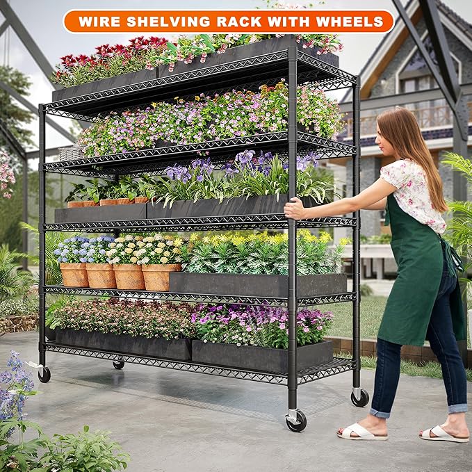 REIBII 85.7"H 5-Tier Garage Shelving with Wheels&Feet, Adjustable, 2998 lbs | 55.5"W x 24.2"D, Rustproof, Lockable wheels, Height-adjustable, Tool-free, For pantry/garage/basement/warehouse/commercial