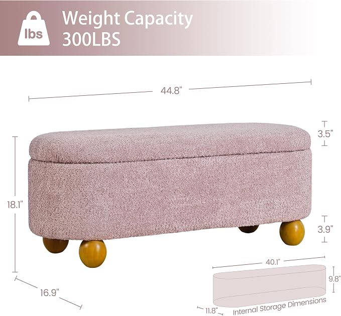 VKNOW 44.8" Storage Ottoman Bench End of Bed Bench with Hinge, Pink | Cute Spherical Solid Wood Stool Legs, Comfortable Fabric, No Assembly, Bedroom Living Room Entryway Dressing Areas