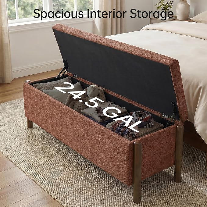 Usaint Wooden Storage Ottoman Bench, 47" Fabric Upholstered End of Storage Bench with Rubberwood Legs, Entryway Bench with Storage for Bedroom, Living Room, Reception, Cloakroom, Rusty Red
