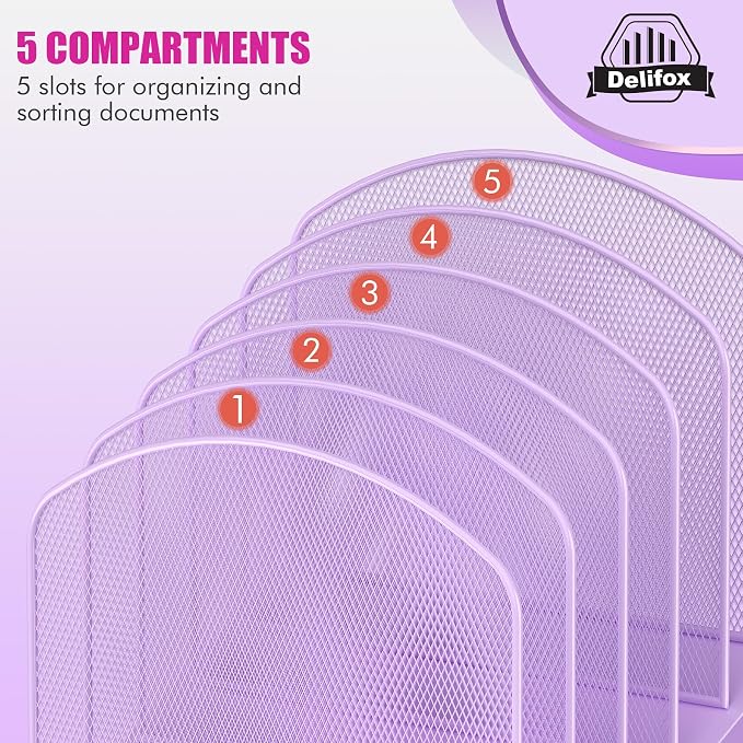 Delifox Inclined Desk File Organizer,Vertical File Folder Holder Stand Metal Rack File Sorter for Office Classroom Desktop Organization (1, Purple, 5)