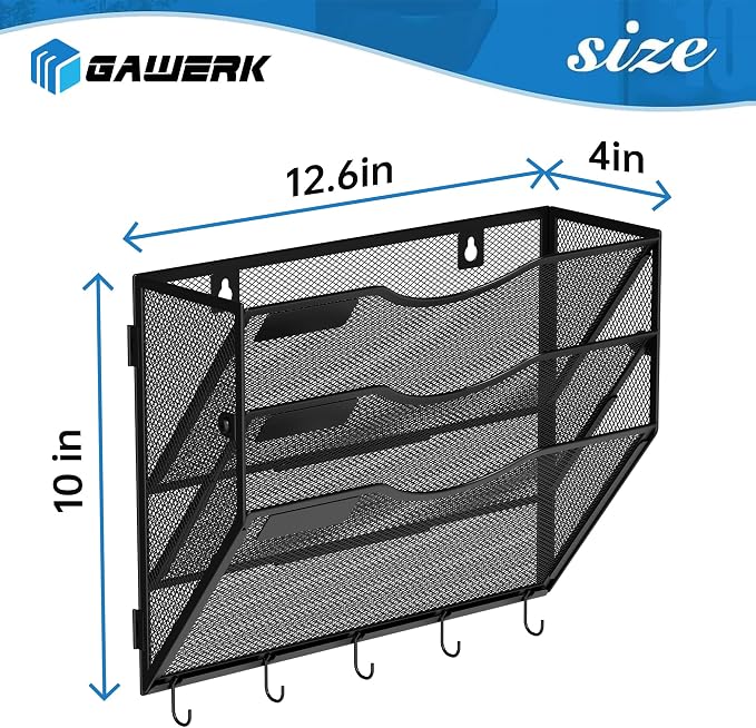 Gawerk Hanging Wall File Organizer, 3 Tier | 5 Hooks, Wall Mounted, Sturdy Mesh, For Office Home