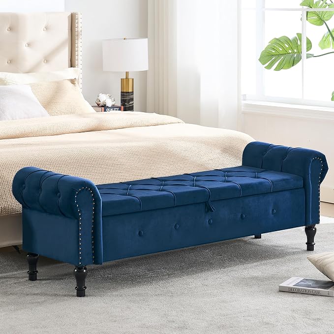 Storage Bench 67" Velvet End of Bed Benches Navy Blue | King Size Storage Bench for Bedroom with Rolled Arms Tufted Ottoman Benches Upholstered Bench for Living Room Entryway