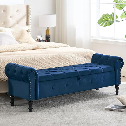 Storage Bench 67" Velvet End of Bed Benches Navy Blue | King Size Storage Bench for Bedroom with Rolled Arms Tufted Ottoman Benches Upholstered Bench for Living Room Entryway