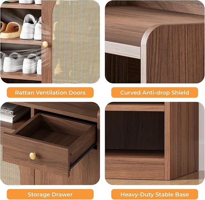 LIKIMIO Rattan Shoe Cabinet with 6-Tier Storage, 3 Doors & LED Light | 30 Pairs Shoe Storage Cabinet with Drawer, Adjustable Shelves, Shoe Rack Organizer for Entryway, Living Room, Walnut